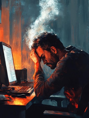 man at workplace desk who is burned out, with head on hand and smoke coming out