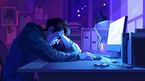 Burned-out person at desk in computer light