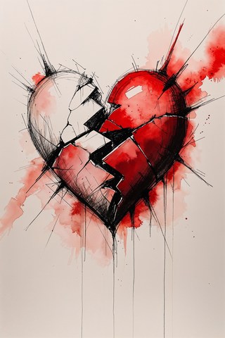 Broken and bloody heart, cracked in two pieces