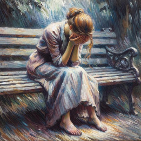 Traumatized woman sitting with head in hands